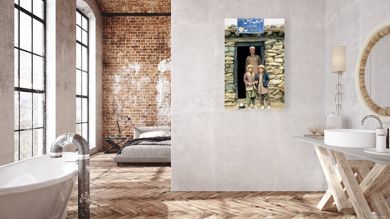 Family near shop at Shandur Pass in Pakistan Reproduction