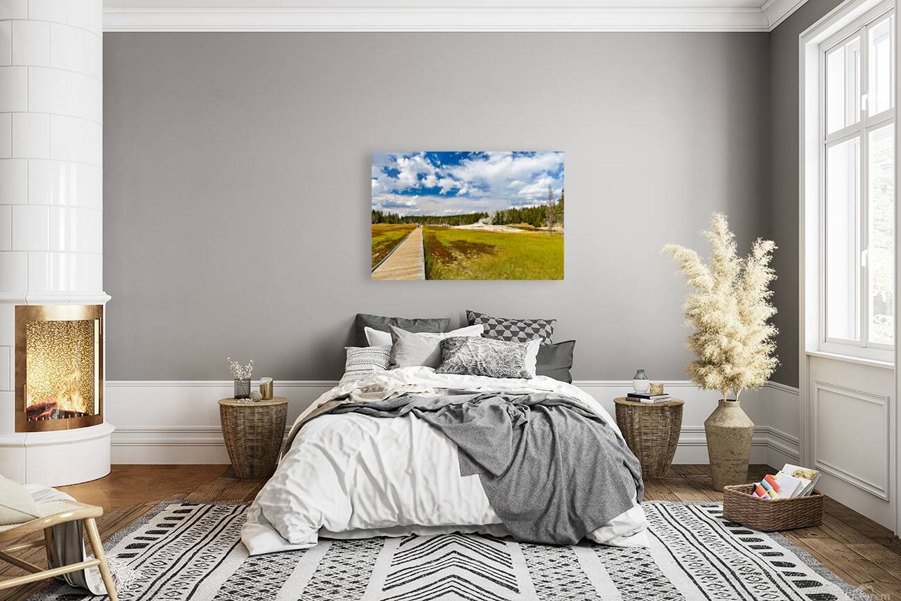 Visitors stroll the Upper Geyser Basin boardwalk Reproduction