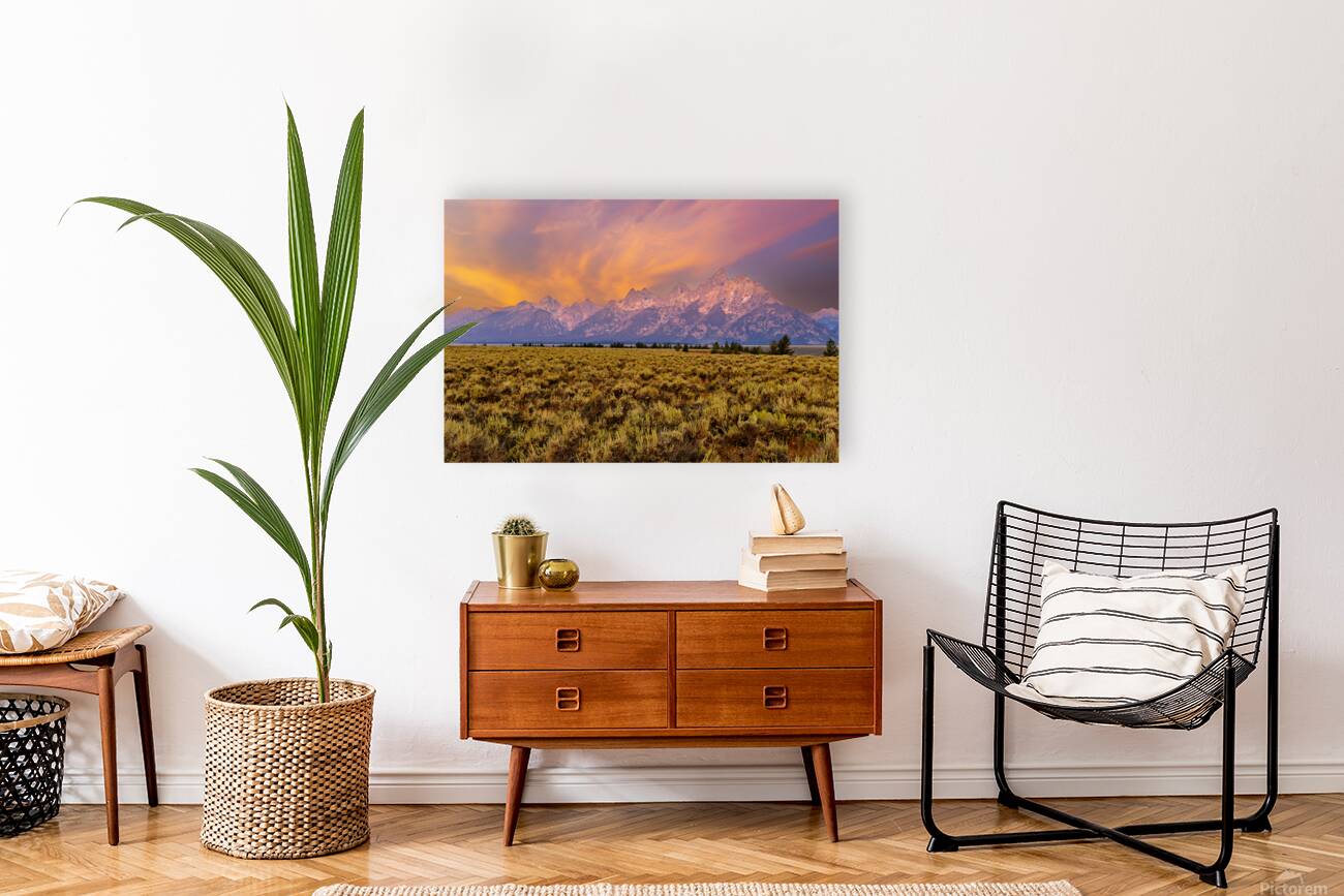 Hikers explore view of Grand Teton mountains at sunset Reproduction