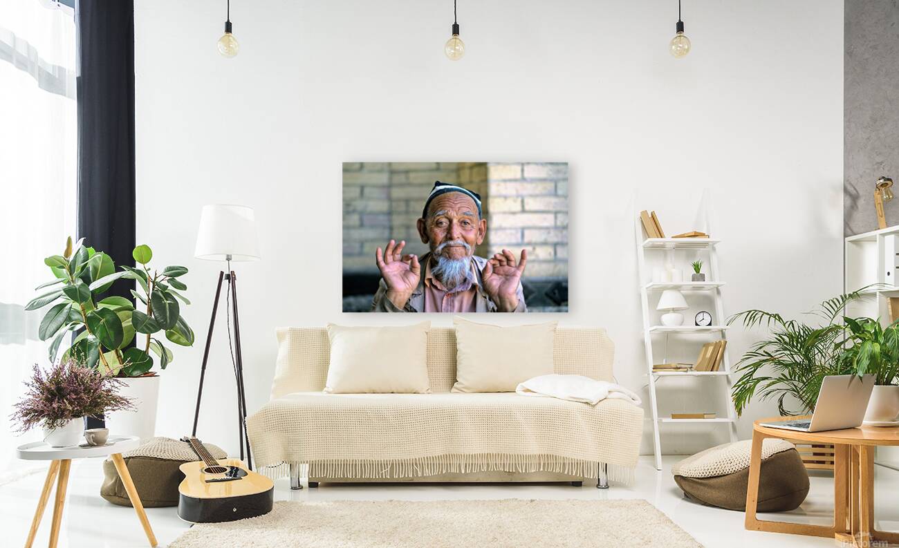 Elderly man showing hand gestures in Khiva Uzbekistan Reproduction