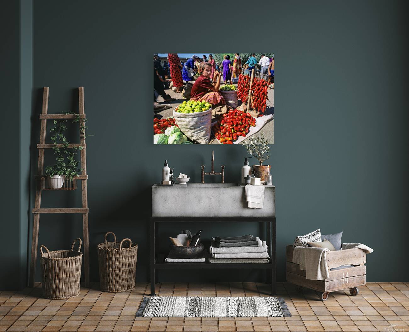 Market scene in Khiva with local produce and vendors Reproduction