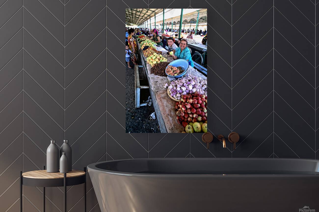 Market scene in Khiva Uzbekistan with fresh produce and people Reproduction