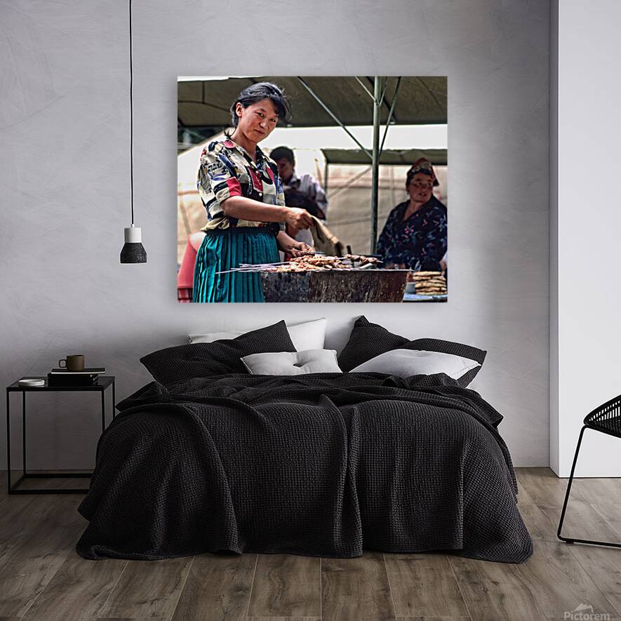 Street food vendors serve meat skewers in Samarkand Uzbekistan Reproduction