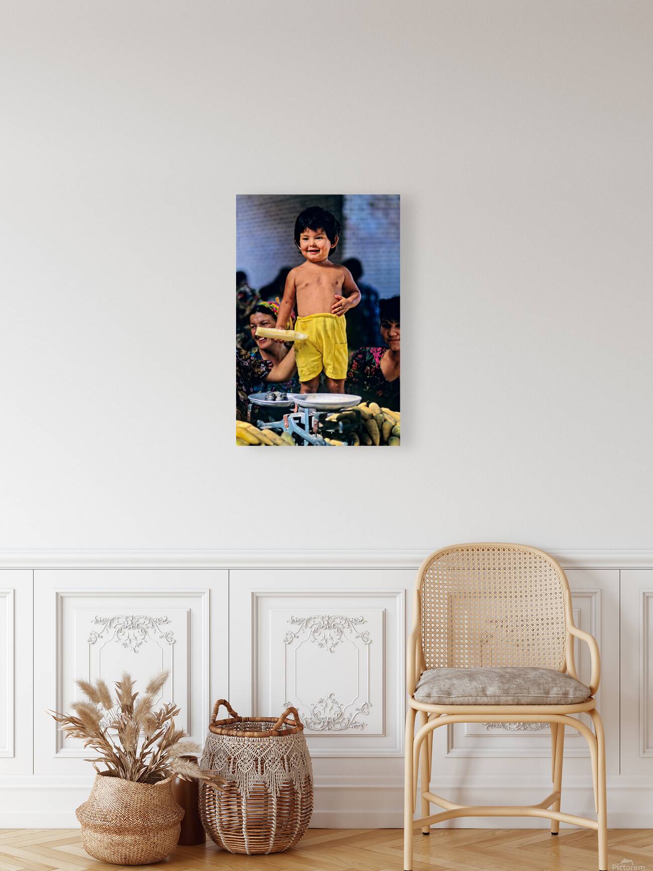 Kid stands at vegetable market in Samarkand Uzbekistan Reproduction