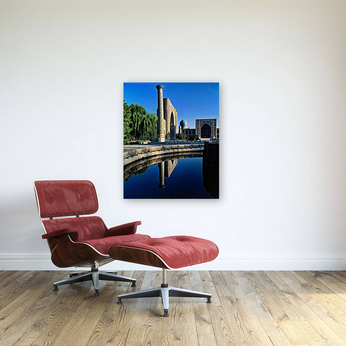 Samarkand reflects on a calm day in Uzbekistan Reproduction