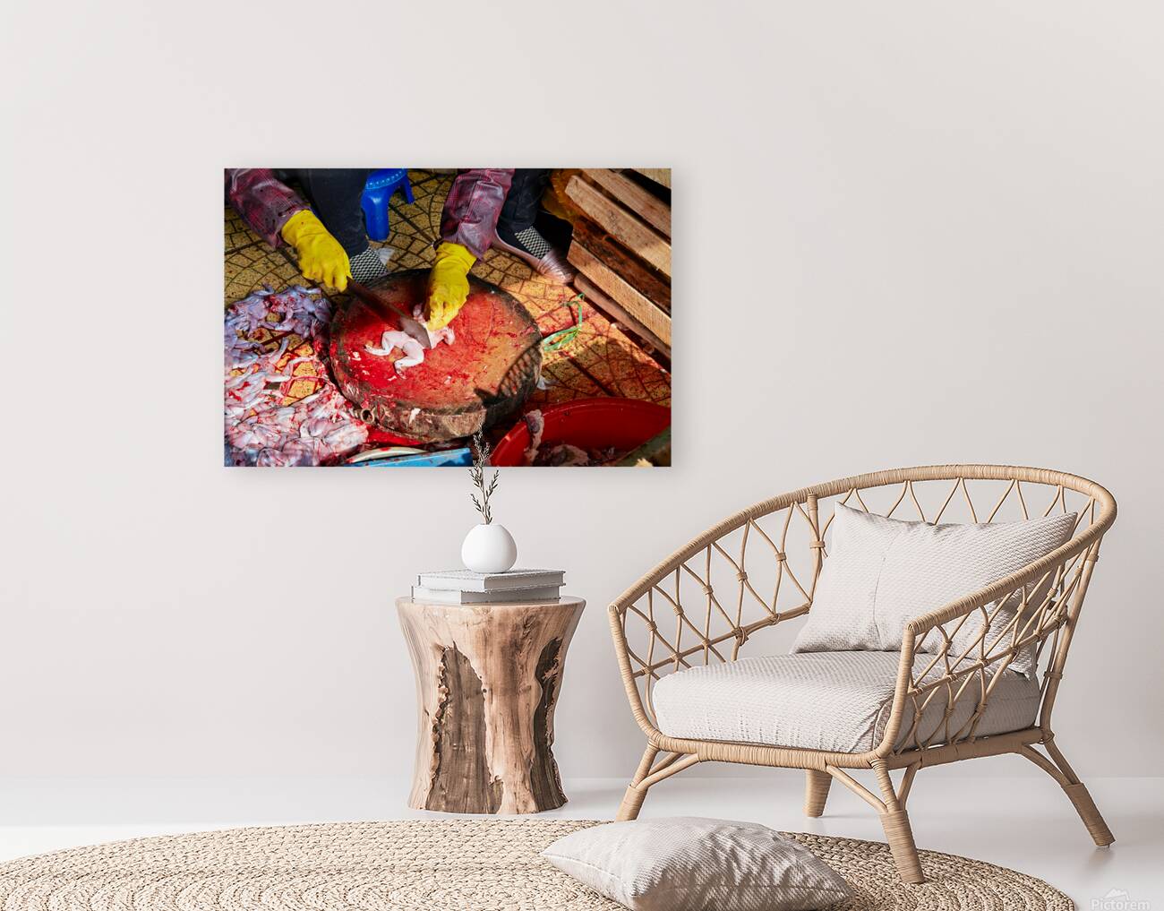 Fresh fish preparation at market in Hanoi during midday Reproduction