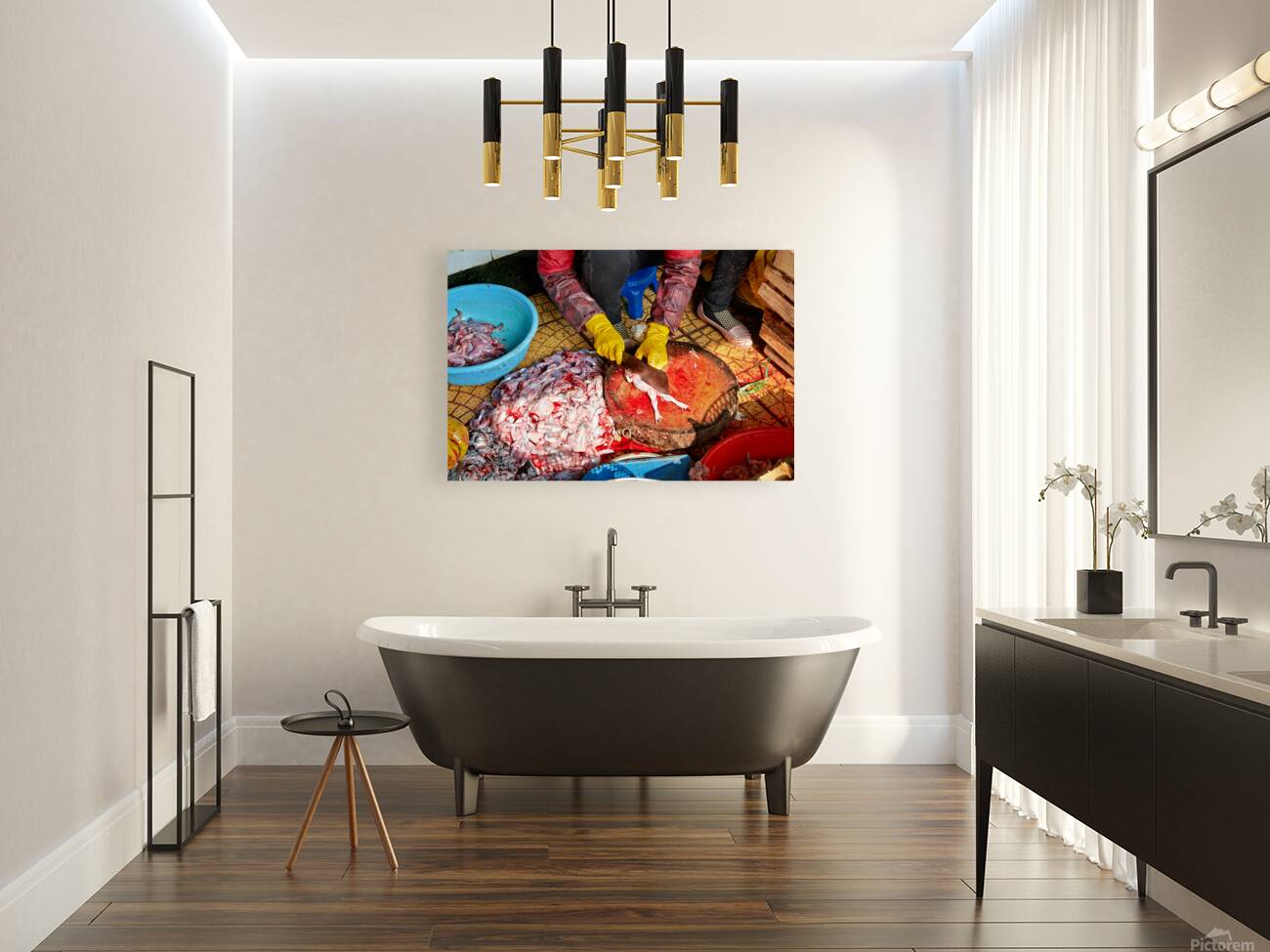 Market activity in Hanoi with fish preparation in progress Reproduction