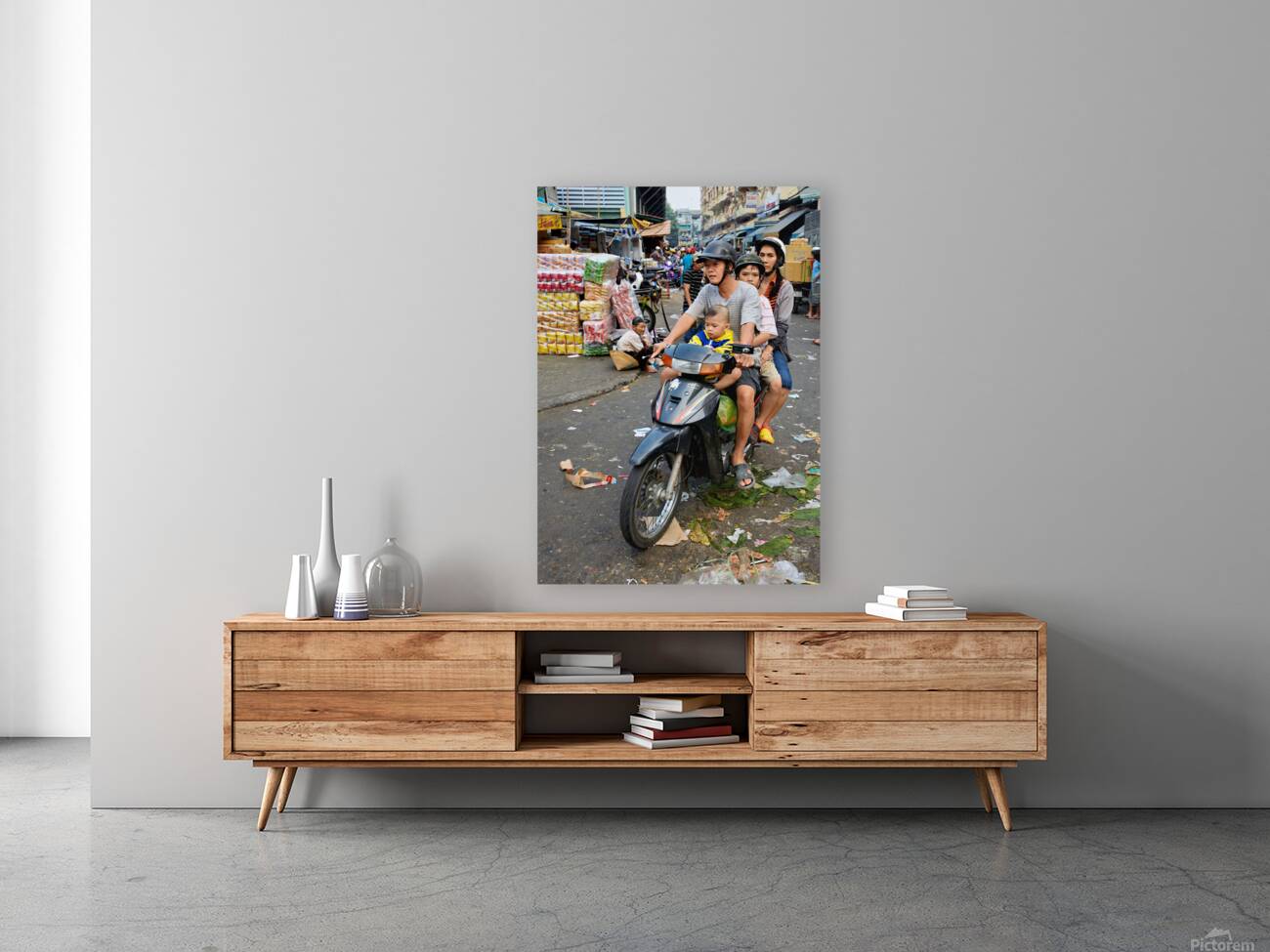 Motorbike family ride through busy Ho Chi Minh street in Vietnam Reproduction