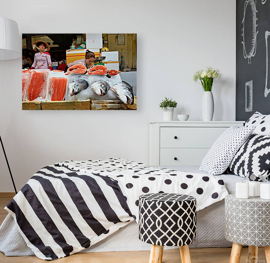 Market scene in Ho Chi Minh with fresh seafood for sale Reproduction