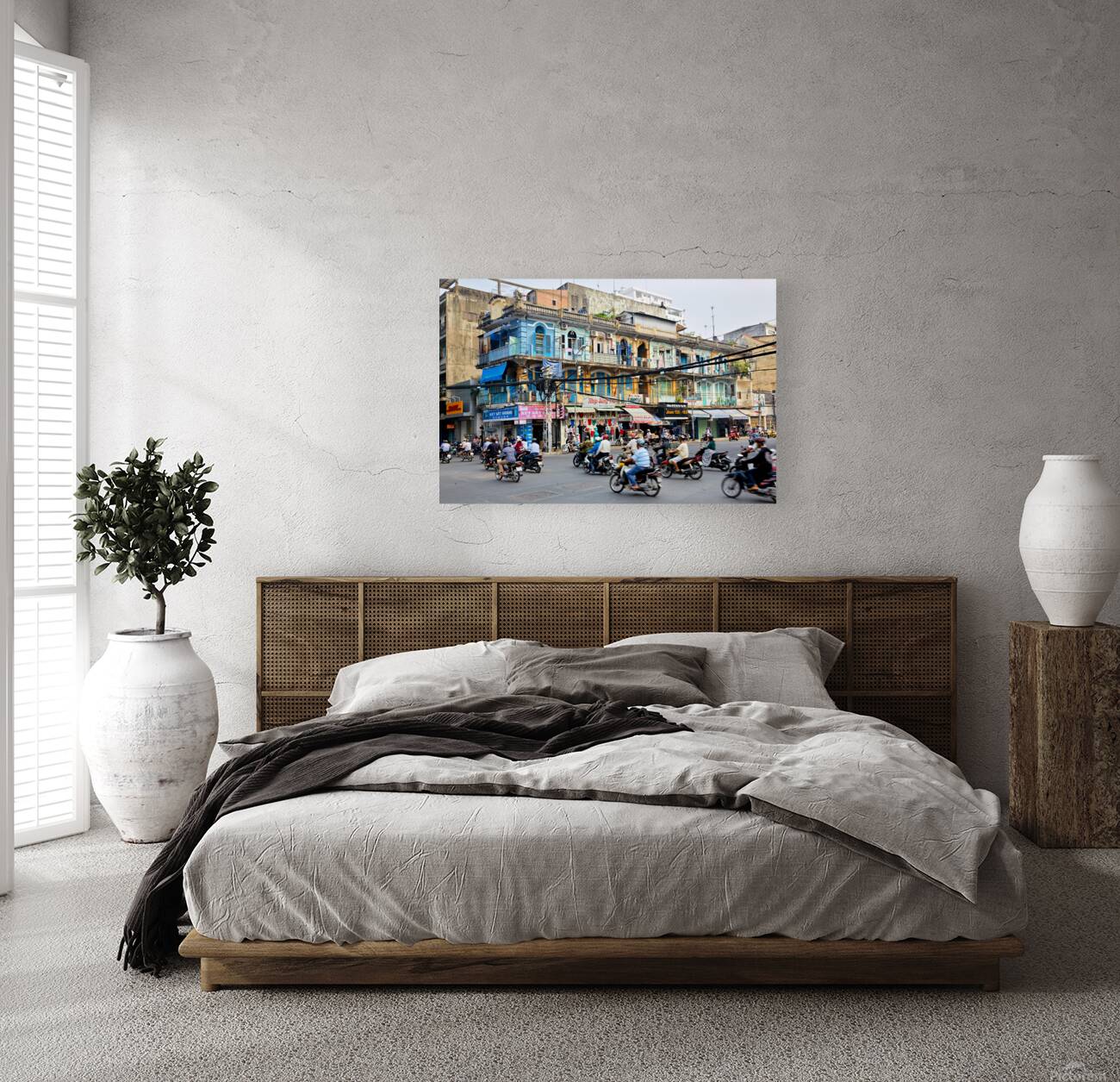 Busy street scene in Ho Chi Minh City with motorbikes and shops Reproduction