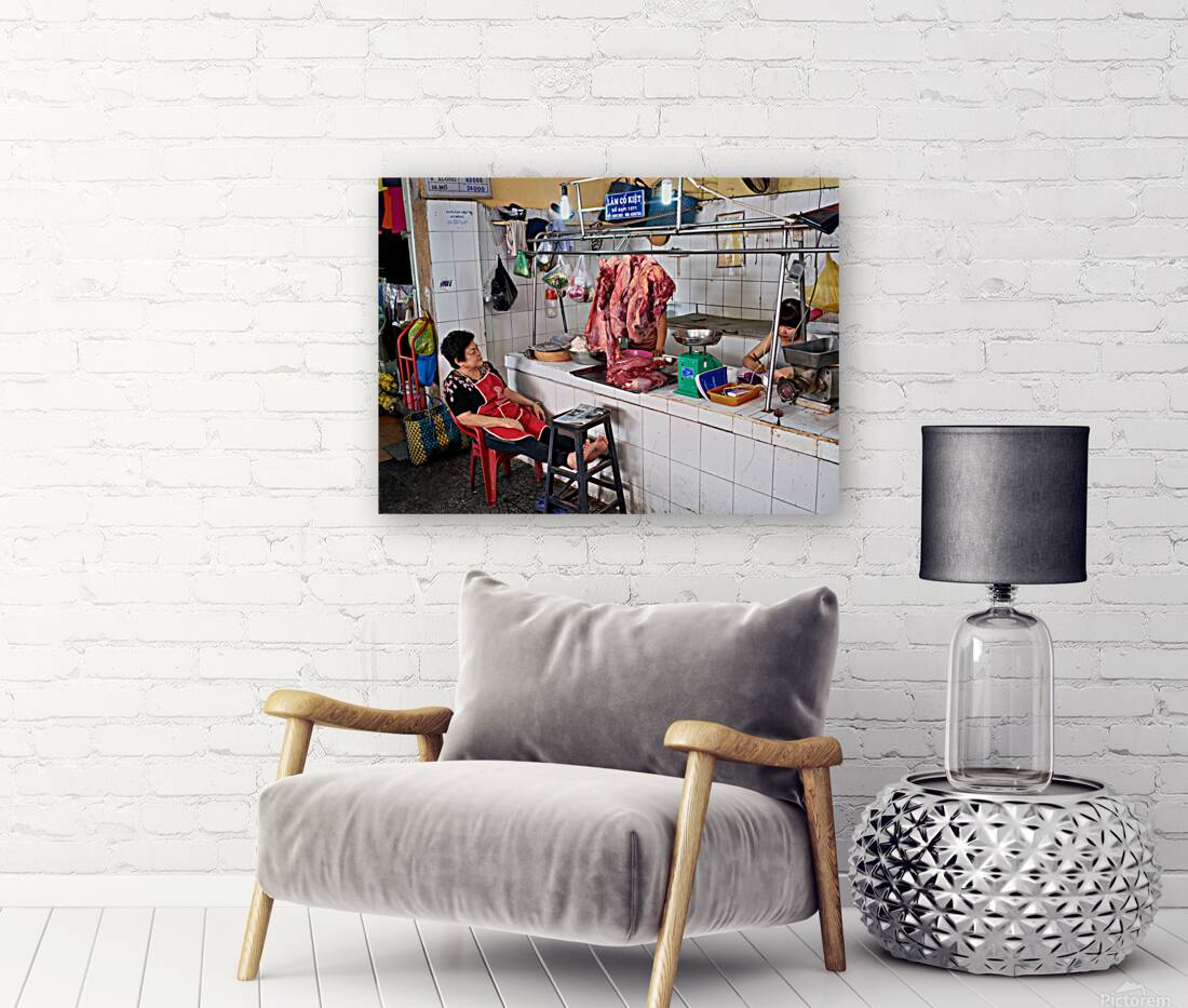 Market scene in Ho Chi Minh City with meat vendor and customer Reproduction