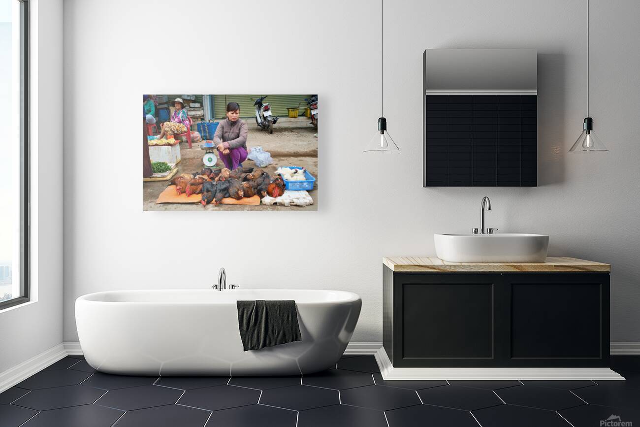 Women selling chickens at market in Phu Quoc Vietnam Reproduction