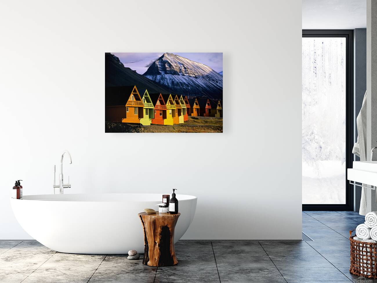 Colorful cabins in Longyearbyen Svalbard near snowy mountains Reproduction