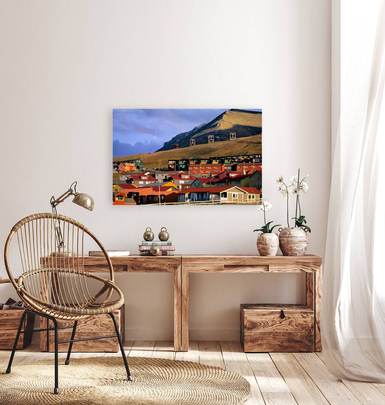 Colorful buildings in Longyearbyen Svalbard at sunset Reproduction