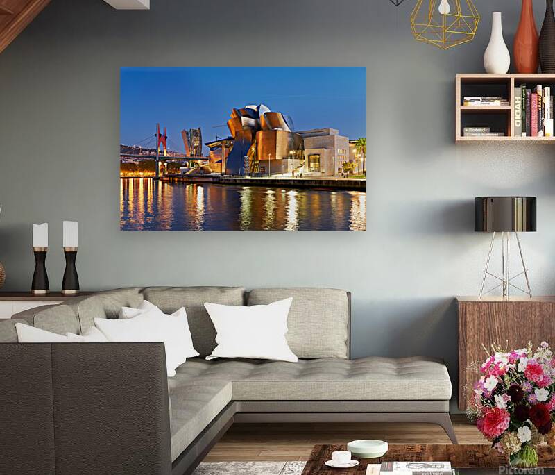 Guggenheim Museum in Bilbao at night with river view Reproduction