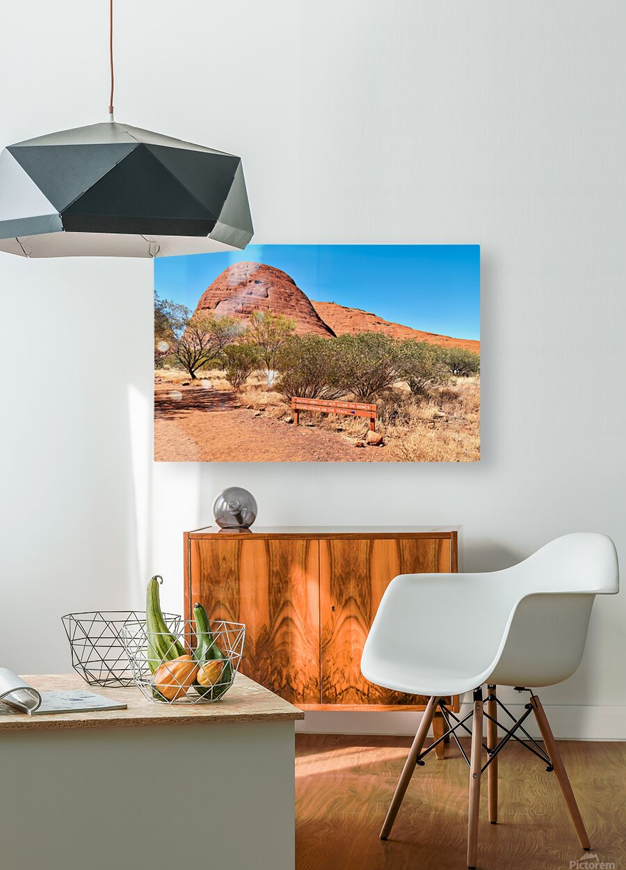 Sacred area sign in front of Kata Tjuta domes Australia. – HD Metal Print 1