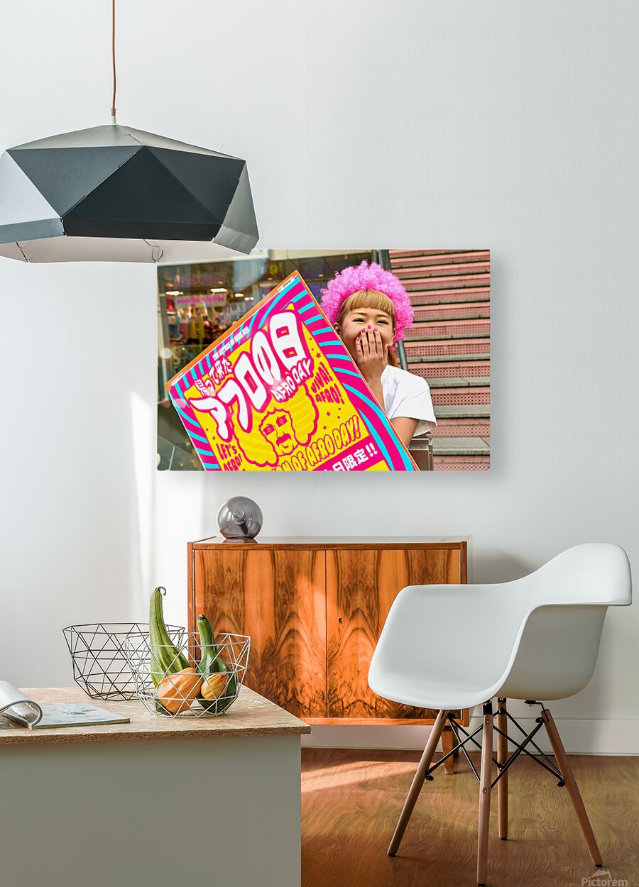 Lolita girl holds sign in Shibuya District of Tokyo during Afro   HD Metal print with Floating Frame on Back