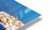 Santorinis iconic white buildings and blue domes overlooking th HD Metal print