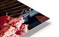 Woman selling raw meat in a bustling market. HD Metal print