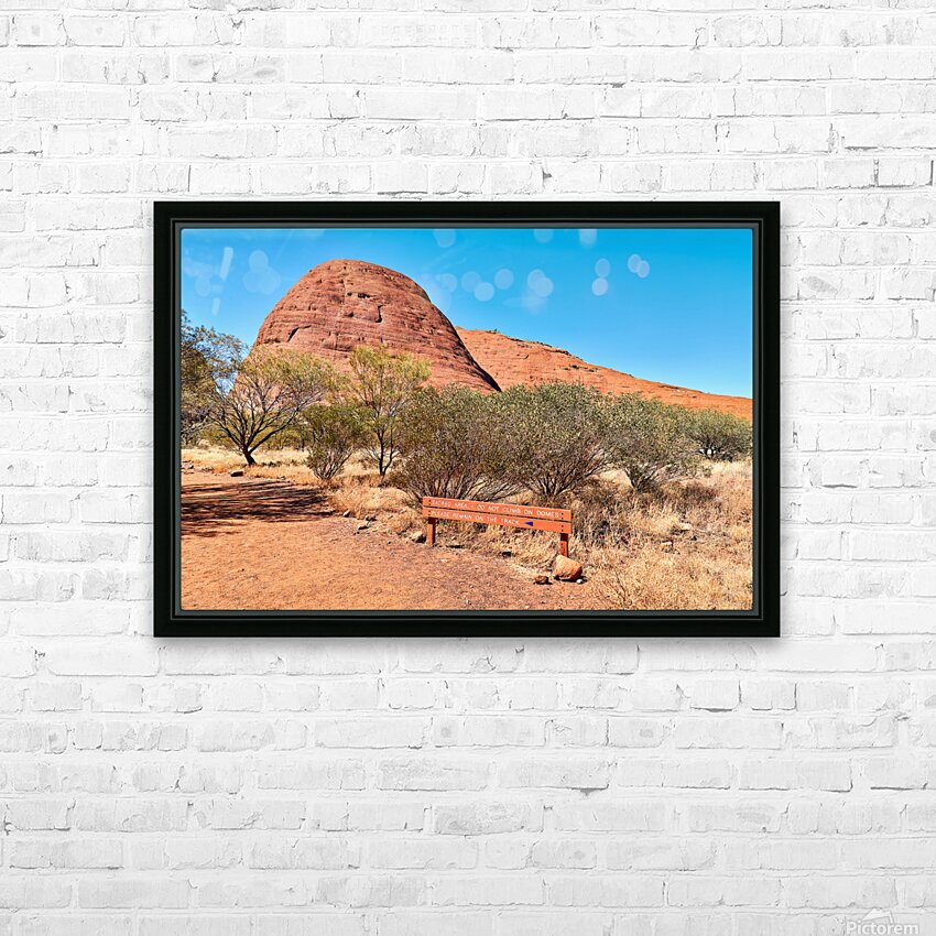 Sacred area sign in front of Kata Tjuta domes Australia. – HD Metal Print 3