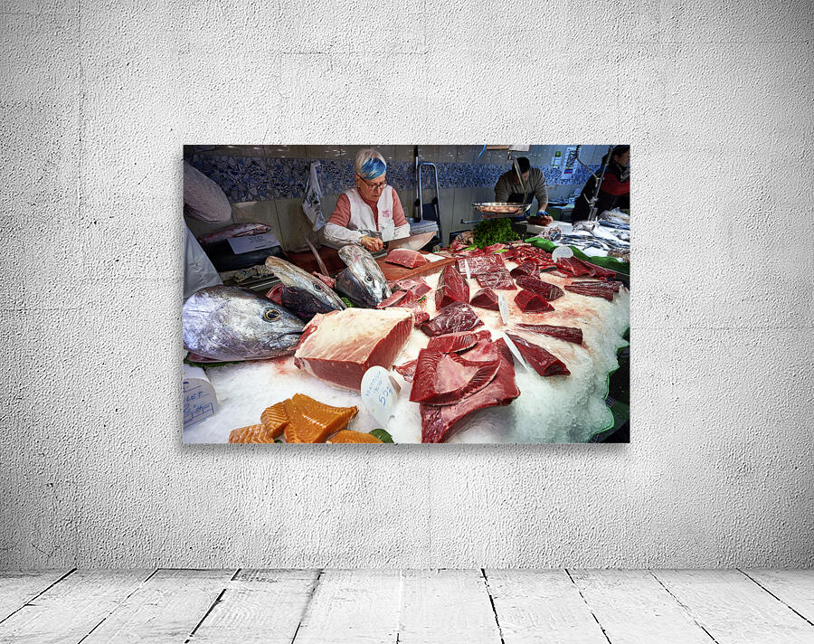 Barcelona. Catalonia. Spain. The Mercat de Sant Josep de la Boqueria. Tuna fish at fishmonger stall Wall Preview