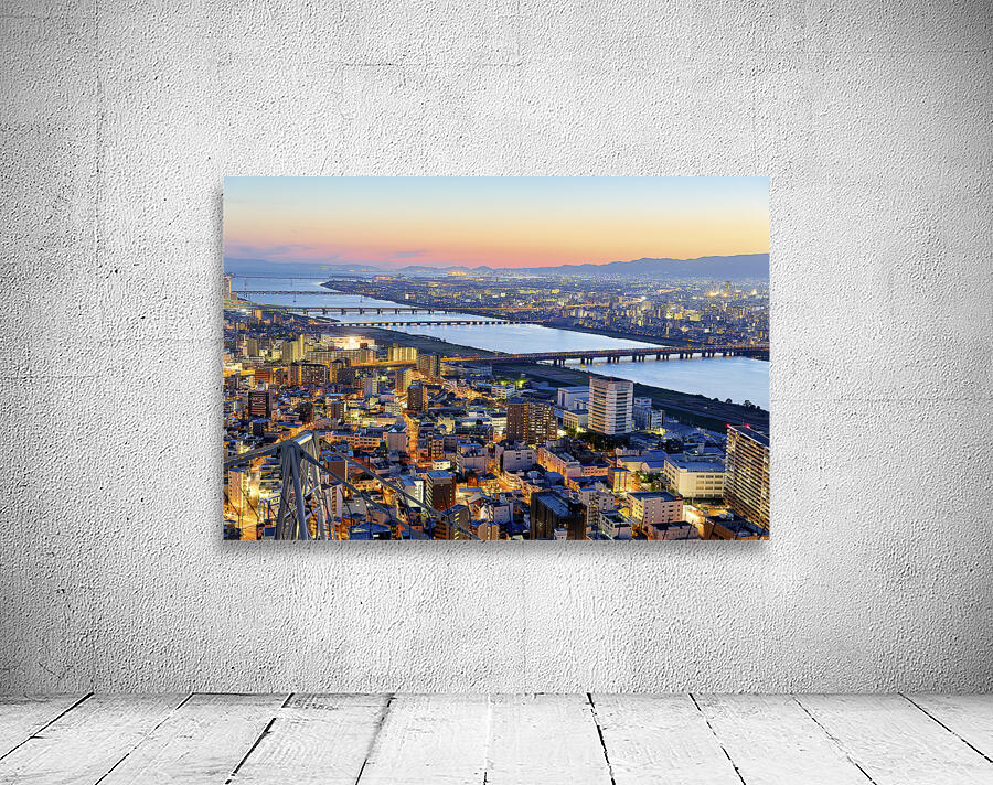 Japan. Kansai. Osaka. Aerial view of Yodo river at sunset Wall Preview