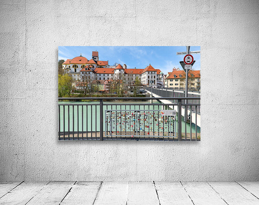 Germany Bavaria Romantic Road. Fussen. St. Mang Abbey  and museum on river Lech. Lovers padlocks Wall Preview