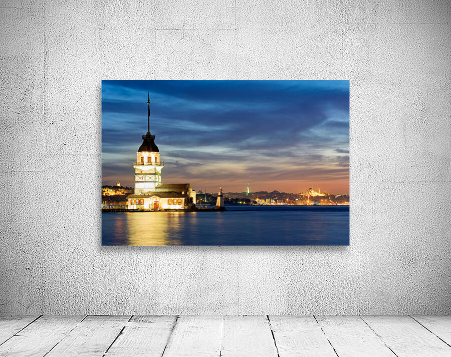 Istanbul Turkey. The Maidens tower on the Bosphorus and the Süleymaniye Mosque at sunset Wall Preview