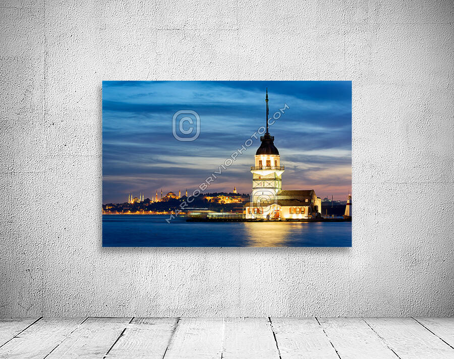 Istanbul Turkey. The Maidens tower on the Bosphorus and Blue Mosque Hagia Sophia at sunset Wall Preview