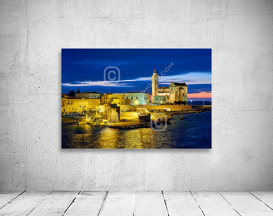 Apulia Puglia Italy. Trani. Basilica Cattedrale Beata Maria Vergine Assunta dedicated to Saint Nicholas at dusk Wall Preview