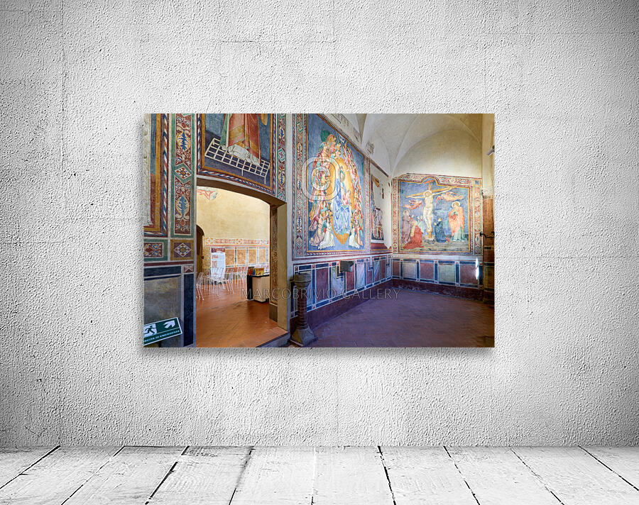 San Gimignano. Tuscany. Italy. Frescoes in the church of San Lorenzo in Ponte. Madonna col Bambino in gloria Madonna with Child in Glory by Simone Martini Wall Preview