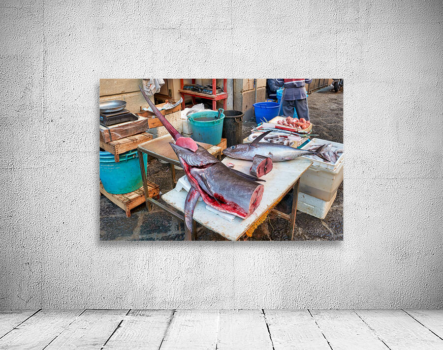 Piscaria the street daily market in Catania Sicily Italy. Fresh fish meat vegetables Wall Preview