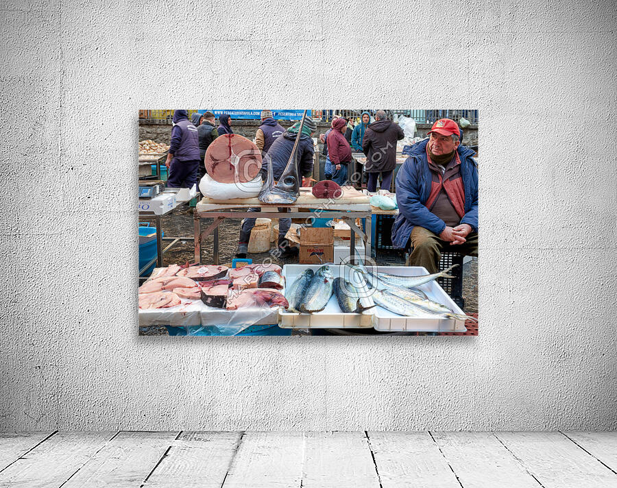 Piscaria the street daily market in Catania Sicily Italy. Fresh fish meat vegetables Wall Preview