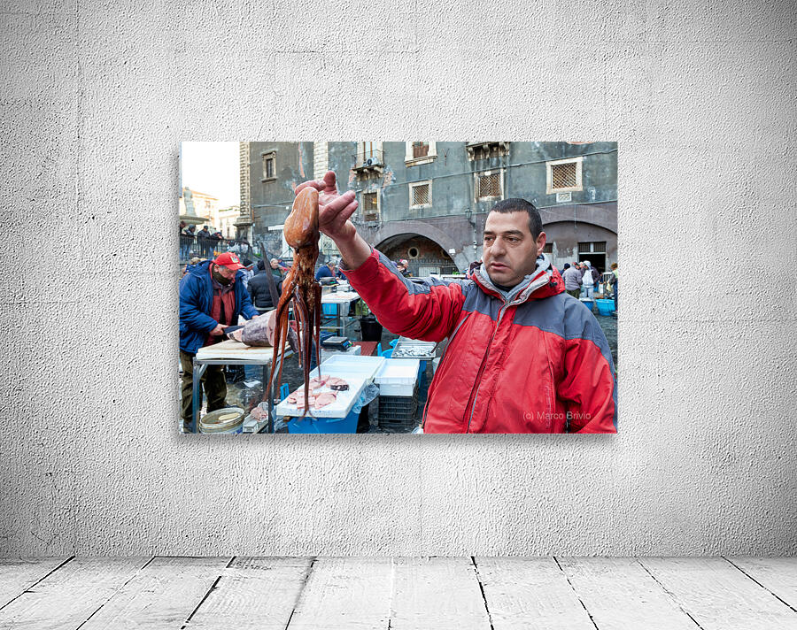 Piscaria the street daily market in Catania Sicily Italy. Fresh fish meat vegetables Wall Preview