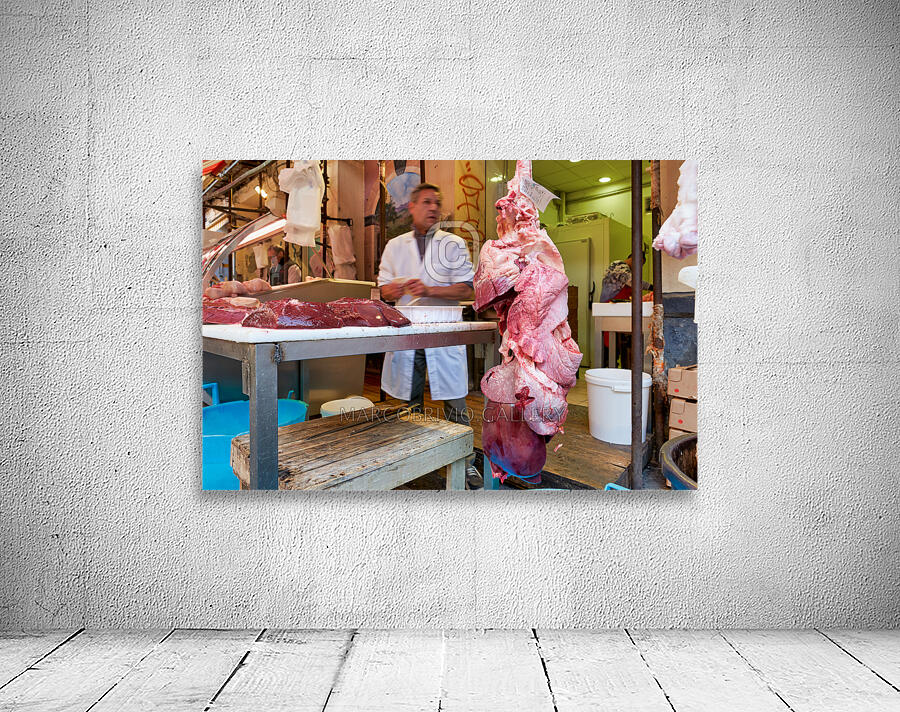 Piscaria the street daily market in Catania Sicily Italy. Fresh fish meat vegetables Wall Preview