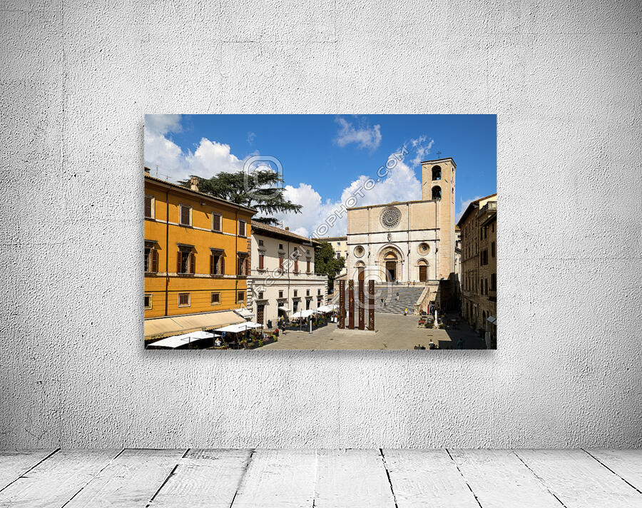 Todi Umbria Italy. Concattedrale della Santissima Annunziata. Cathedral. Piazza del Popolo. The statue Quattro Stele by Arnaldo Pomodoro Wall Preview