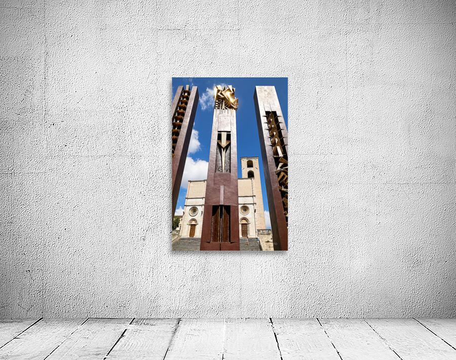 Todi Umbria Italy. Concattedrale della Santissima Annunziata. Cathedral. Piazza del Popolo. The statue Quattro Stele by Arnaldo Pomodoro Wall Preview