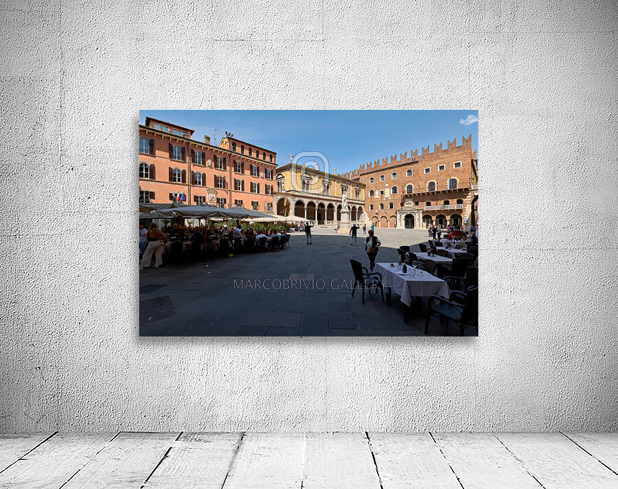 Verona Veneto Italy. Piazza dei Signori with the monument to Dante and restaurants to dine out Wall Preview