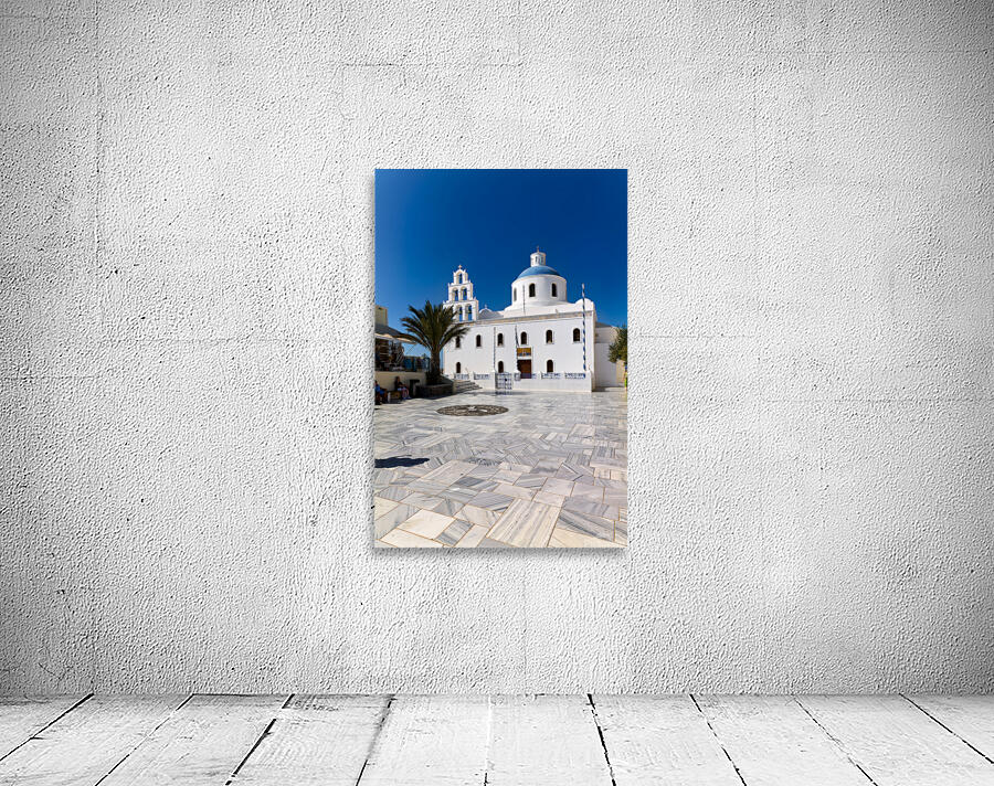White Greek church with blue dome bell tower and marble courty Wall Preview