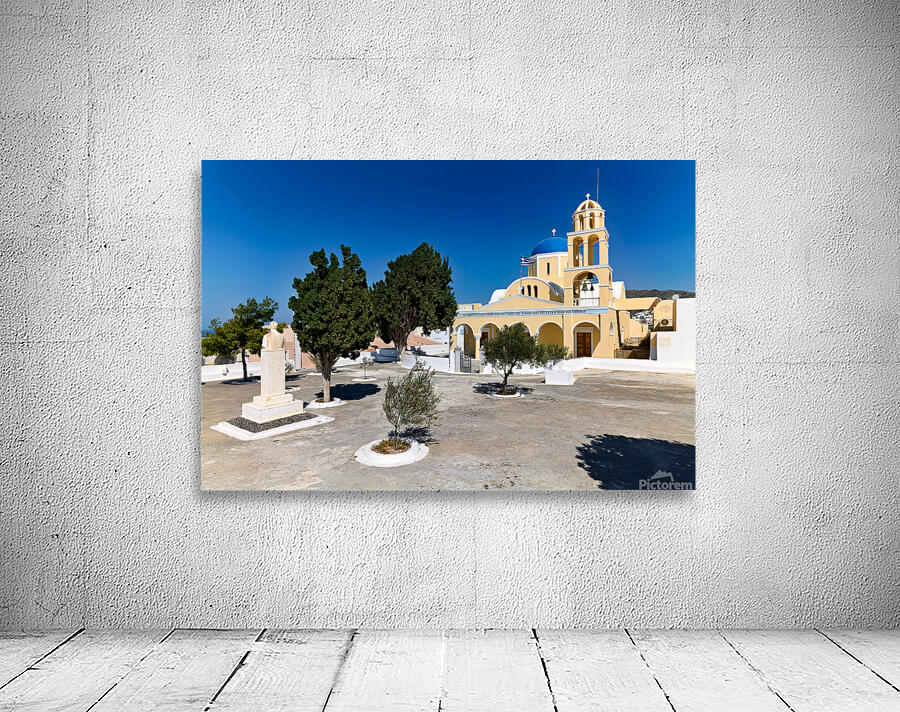 Traditional Greek church blue dome bell tower sunny day. Wall Preview