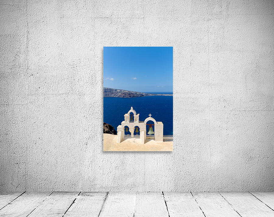 Santorini bell tower overlooking the Aegean Sea. Wall Preview