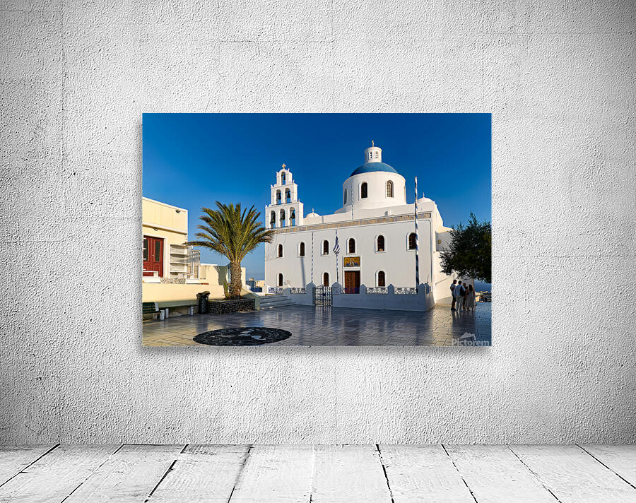 Beautiful white church blue dome palm tree clear sky. Wall Preview