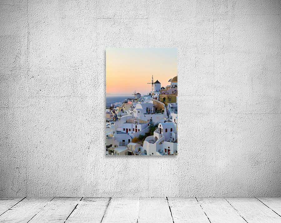 Oia Santorini: White buildings windmills and sunset over the  Wall Preview