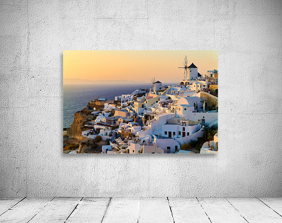 Santorini village at sunset with windmills overlooking the Aegea Wall Preview
