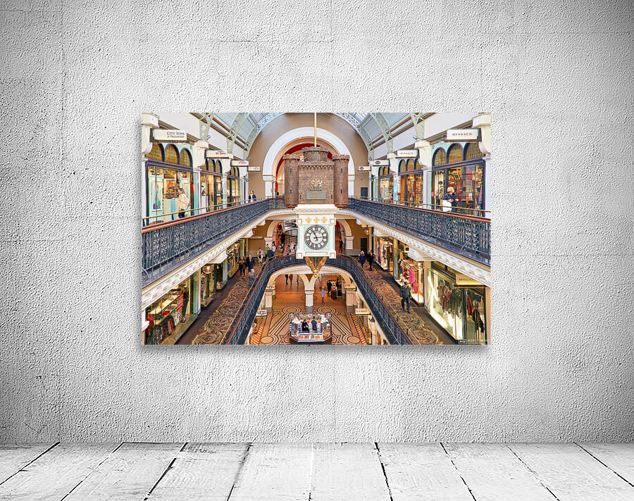 Elegant Victorian shopping arcade with clock tower and shoppers. Wall Preview