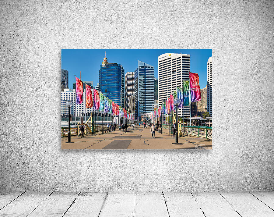 Colorful flags line bridge in Darling Harbour Sydney on a sunny  Wall Preview