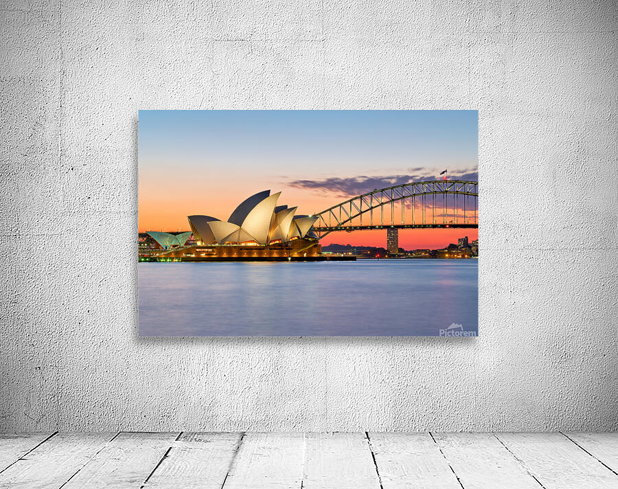 Sydney Opera House and Harbour Bridge at sunset. Wall Preview