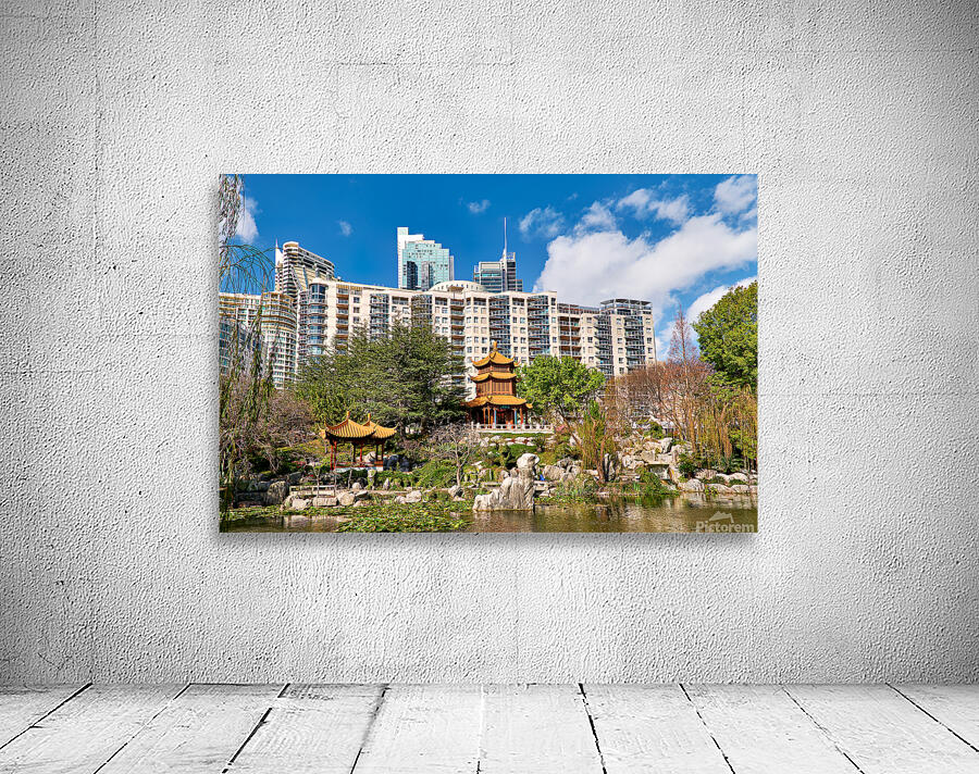 Chinese garden with pagodas and modern buildings Wall Preview