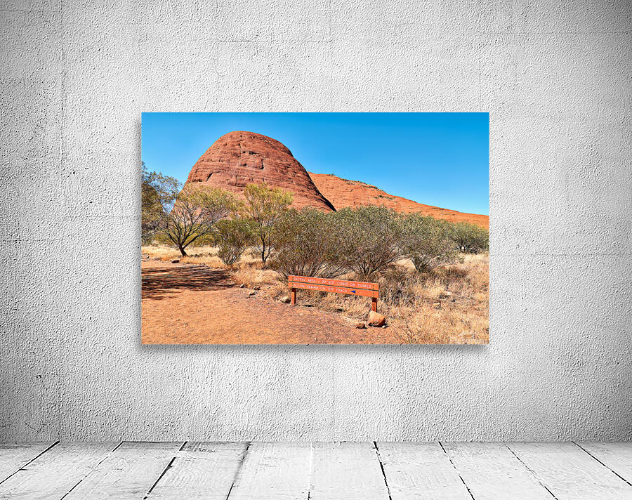 Sacred area sign in front of Kata Tjuta domes Australia. Wall Room Mockup