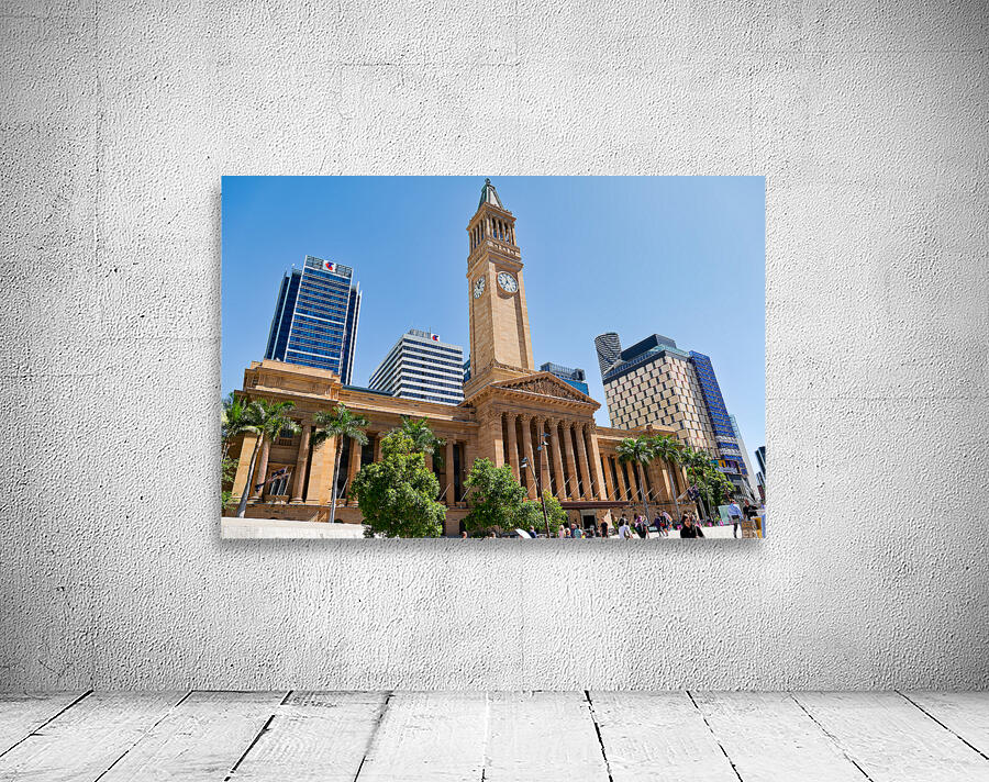 Brisbane City Hall with modern buildings and palm trees. Wall Preview
